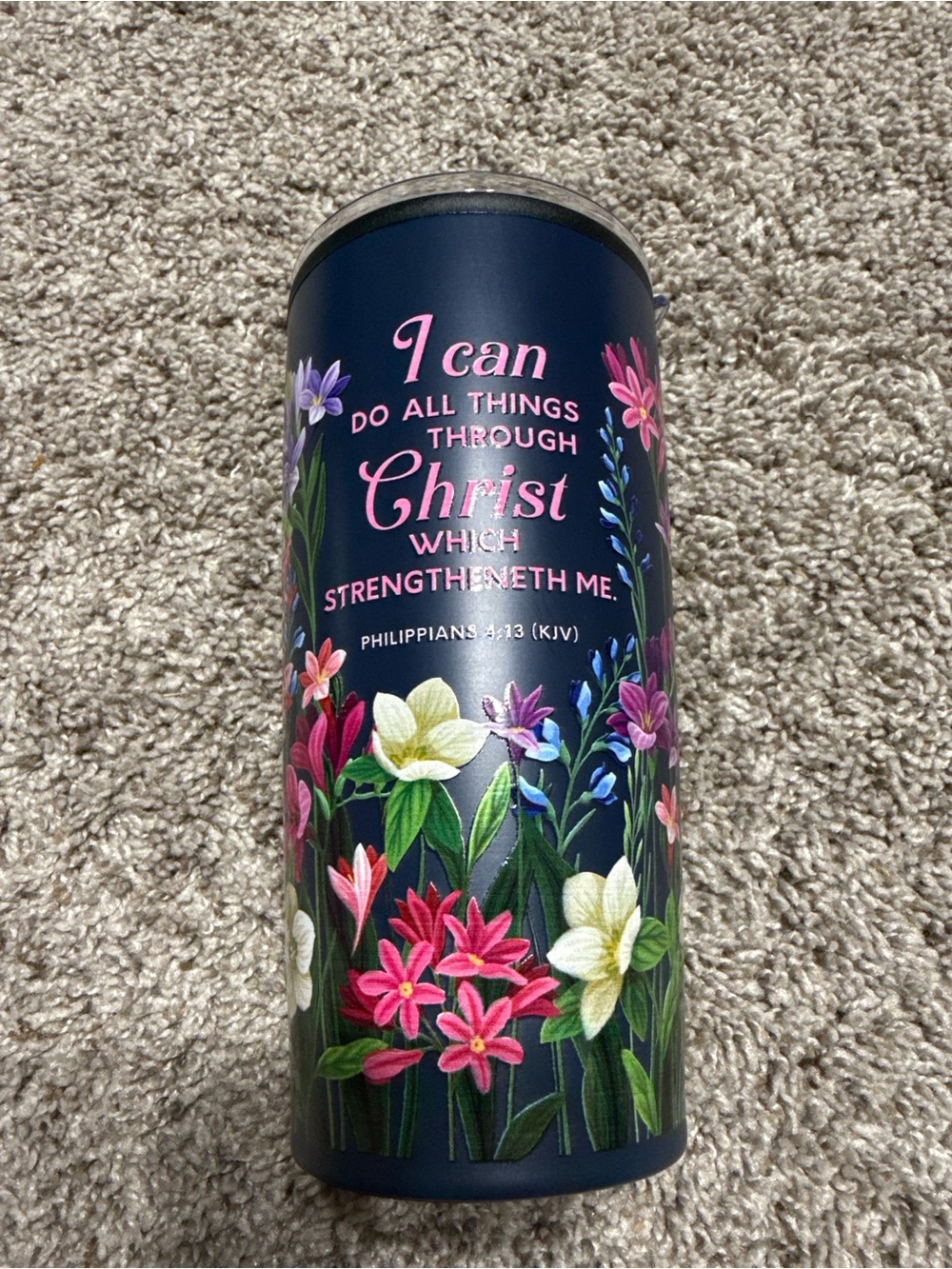 Navy Floral Faith Travel Tumbler with Pink Script